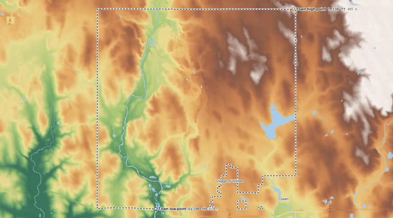 Topographic elevation map of Hixon, Wisconsin, shaded from 1,190 ft on the southwest side to 1,330 ft on the northeast side