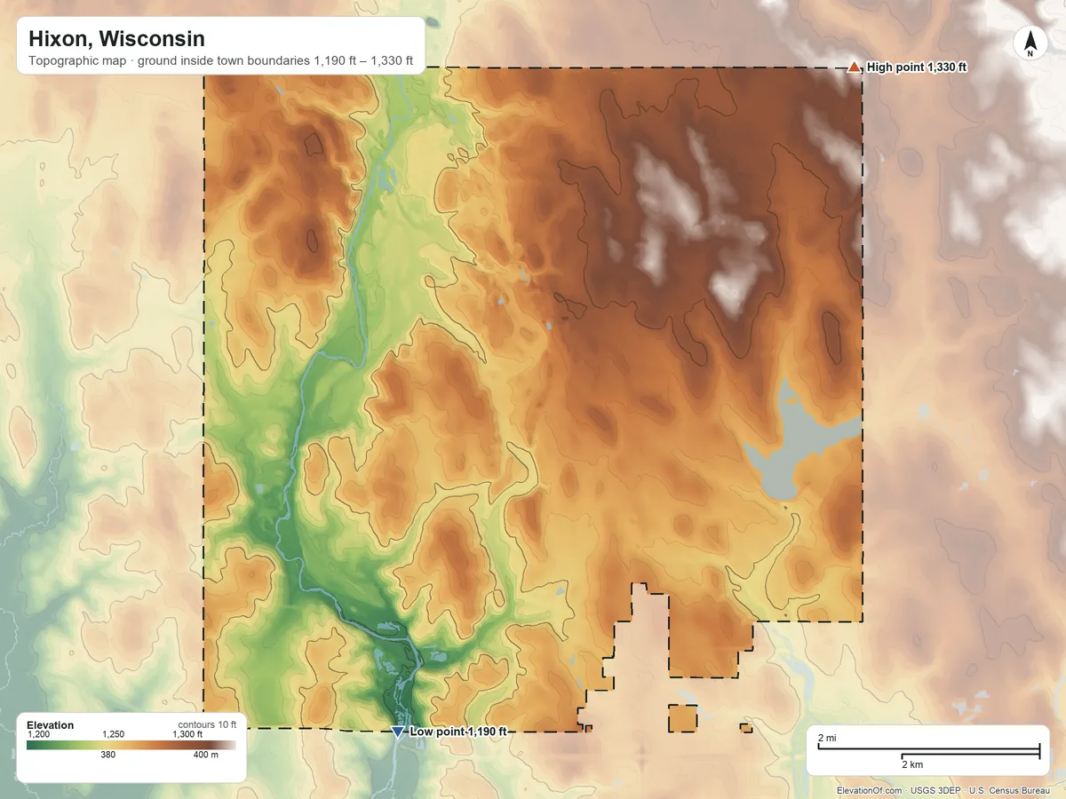 Topographic elevation map of Hixon, Wisconsin, shaded from 1,190 ft on the southwest side to 1,330 ft on the northeast side