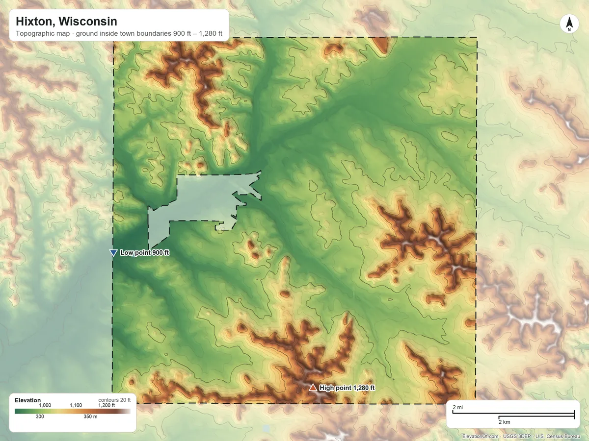 Topographic elevation map of Hixton, Wisconsin, shaded from 900 ft on the west side to 1,280 ft on the south side