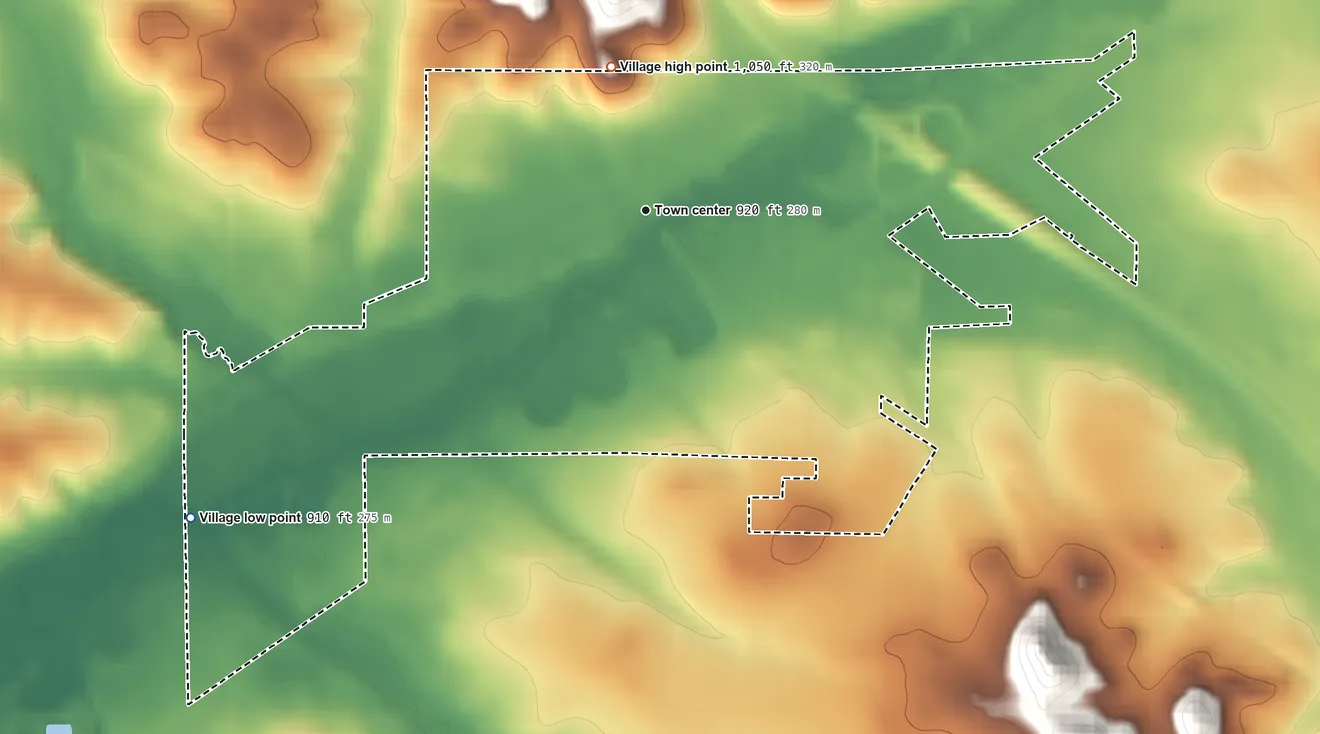 Topographic elevation map of Village of Hixton, Wisconsin, shaded from 910 ft on the southwest side to 1,050 ft on the north side