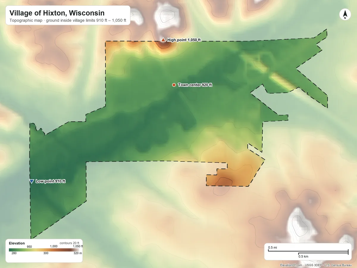 Topographic elevation map of Village of Hixton, Wisconsin, shaded from 910 ft on the southwest side to 1,050 ft on the north side