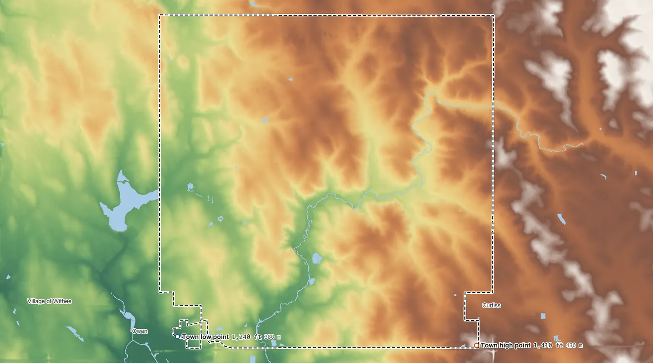 Topographic elevation map of Hoard, Wisconsin, shaded from 1,240 ft on the southwest side to 1,410 ft on the southeast side