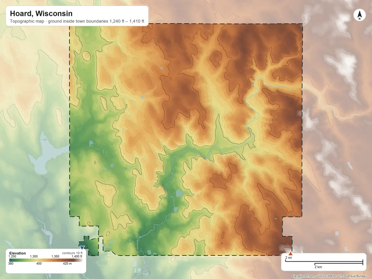 Topographic elevation map of Hoard, Wisconsin, shaded from 1,240 ft on the southwest side to 1,410 ft on the southeast side
