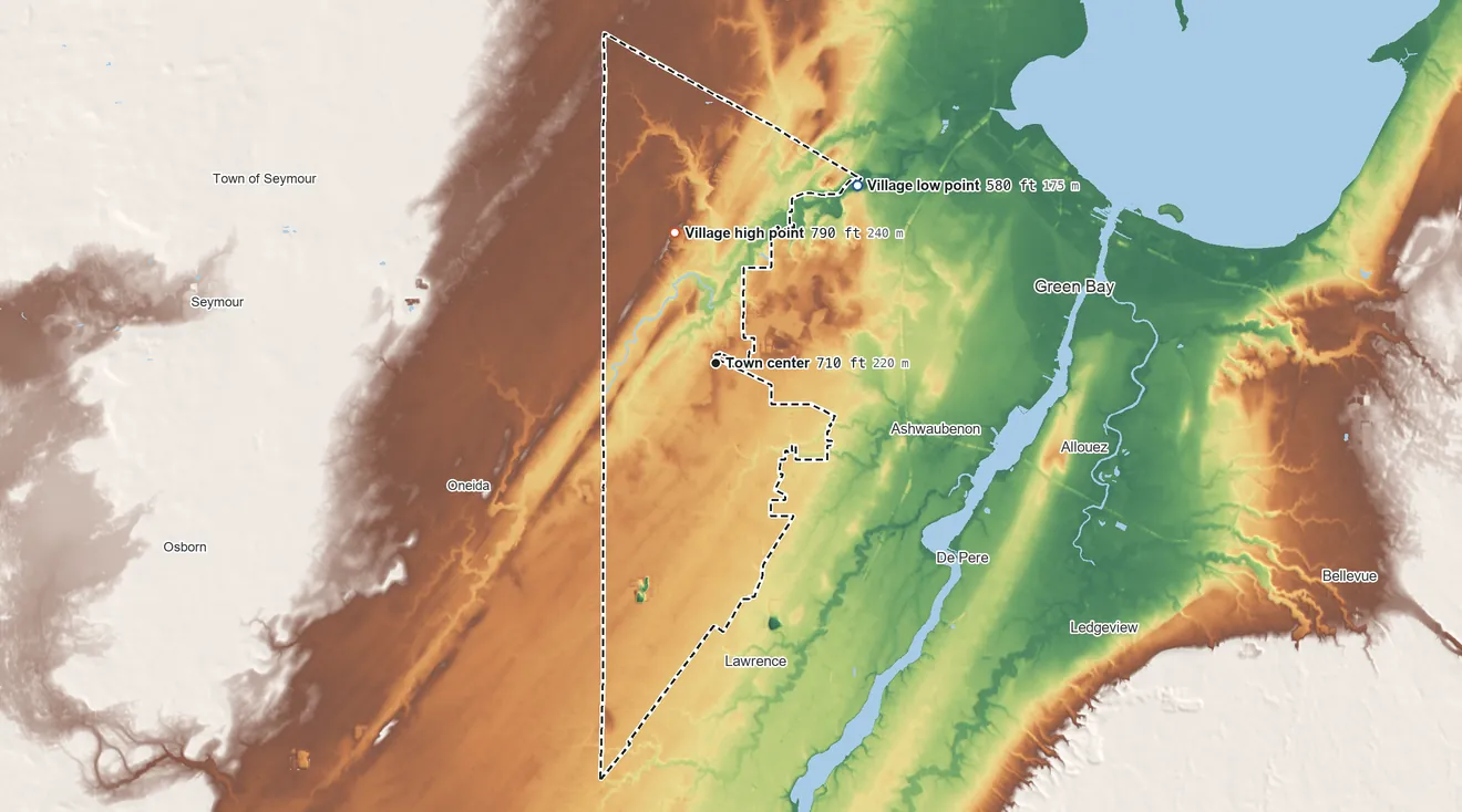 Topographic elevation map of Hobart, Wisconsin, shaded from 580 ft on the northeast side to 790 ft on the north side