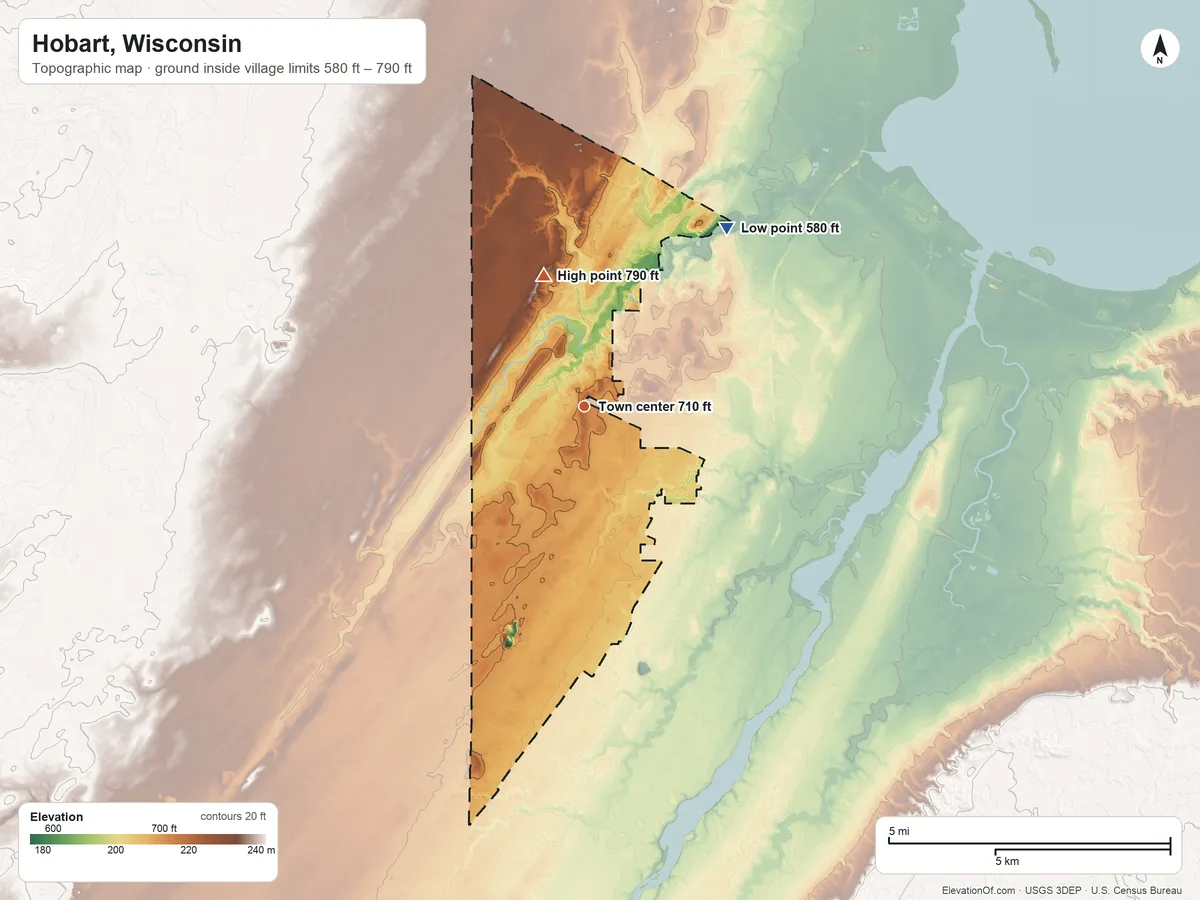 Topographic elevation map of Hobart, Wisconsin, shaded from 580 ft on the northeast side to 790 ft on the north side