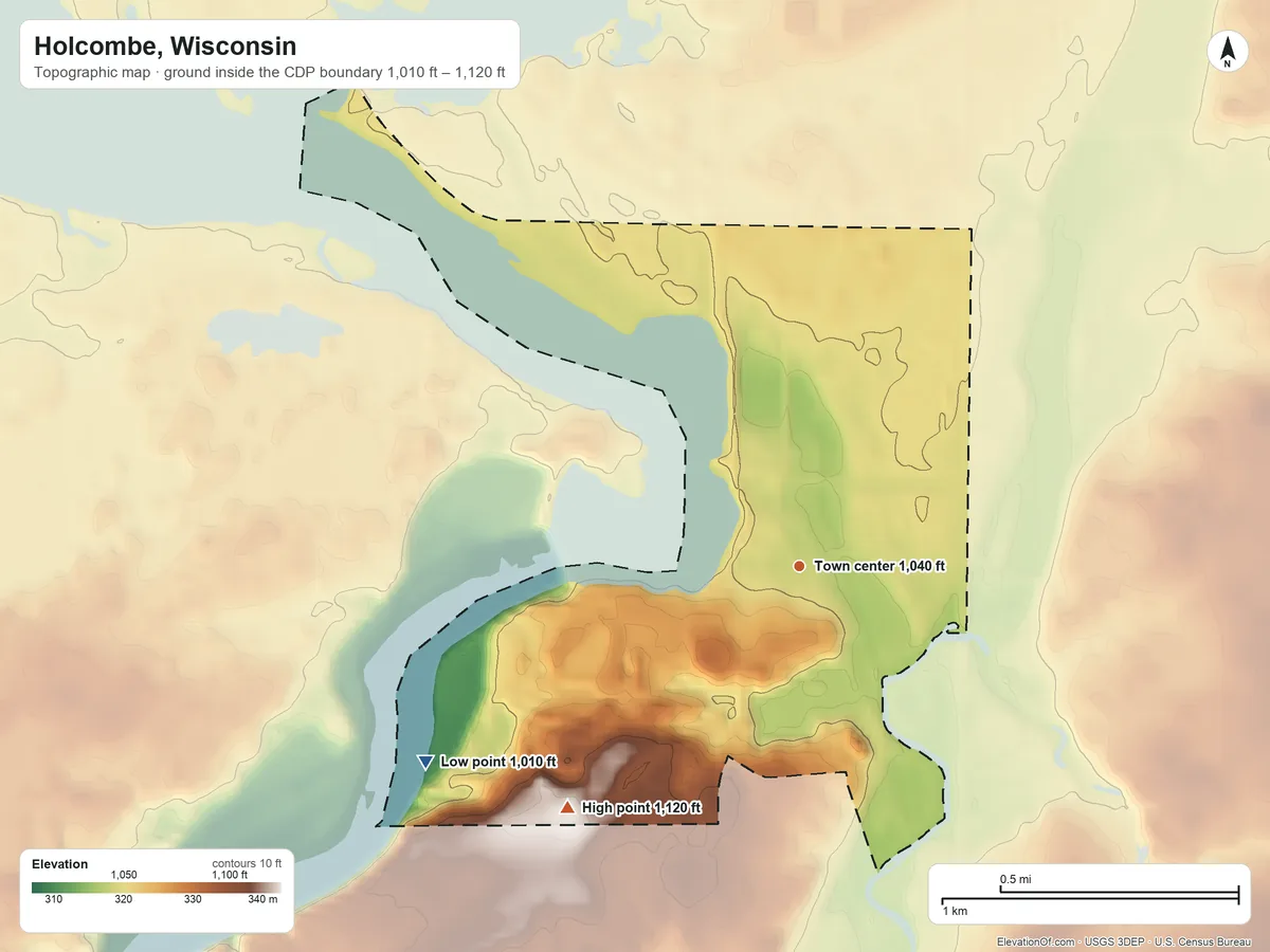 Topographic elevation map of Holcombe, Wisconsin, shaded from 1,010 ft on the southwest side to 1,120 ft on the southwest side