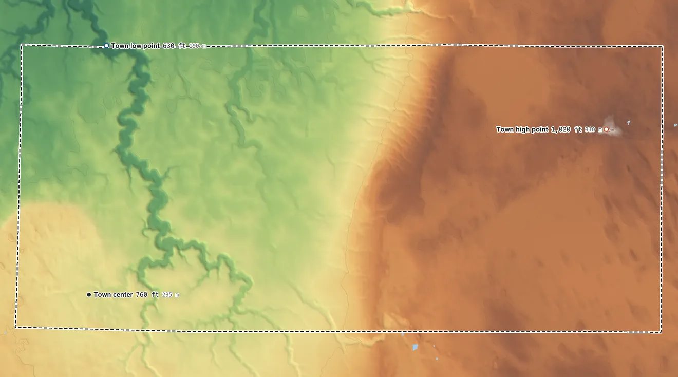 Topographic elevation map of Holland, Brown County, Wisconsin, shaded from 630 ft on the north side to 1,020 ft on the east side