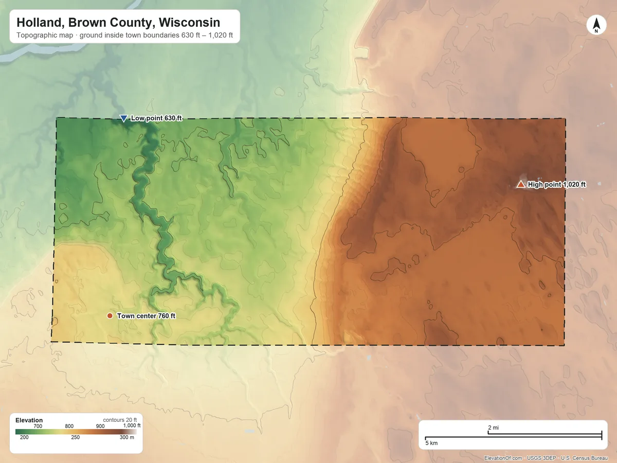 Topographic elevation map of Holland, Brown County, Wisconsin, shaded from 630 ft on the north side to 1,020 ft on the east side