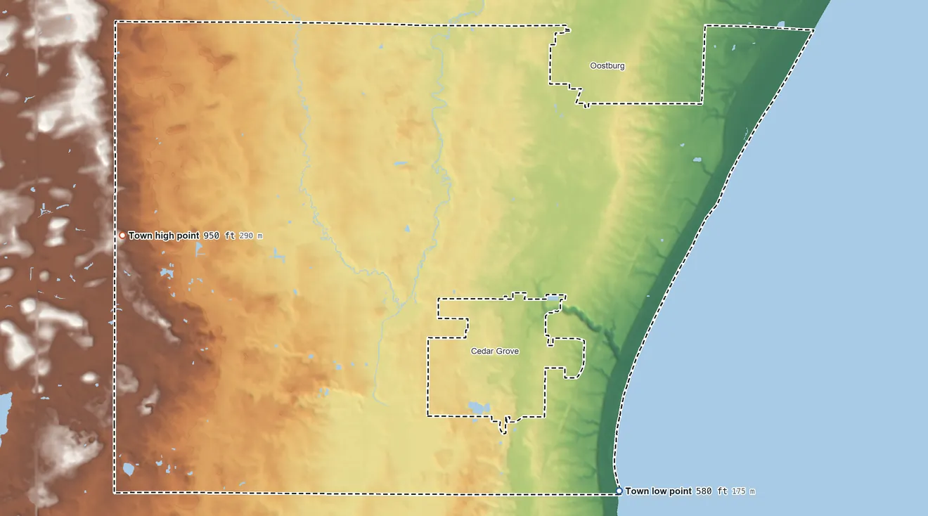 Topographic elevation map of Holland, Sheboygan County, Wisconsin, shaded from 580 ft on the southeast side to 950 ft on the west side