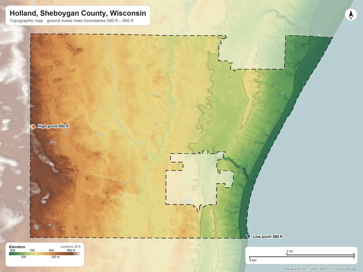 Topographic elevation map of Holland, Sheboygan County, Wisconsin, shaded from 580 ft on the southeast side to 950 ft on the west side
