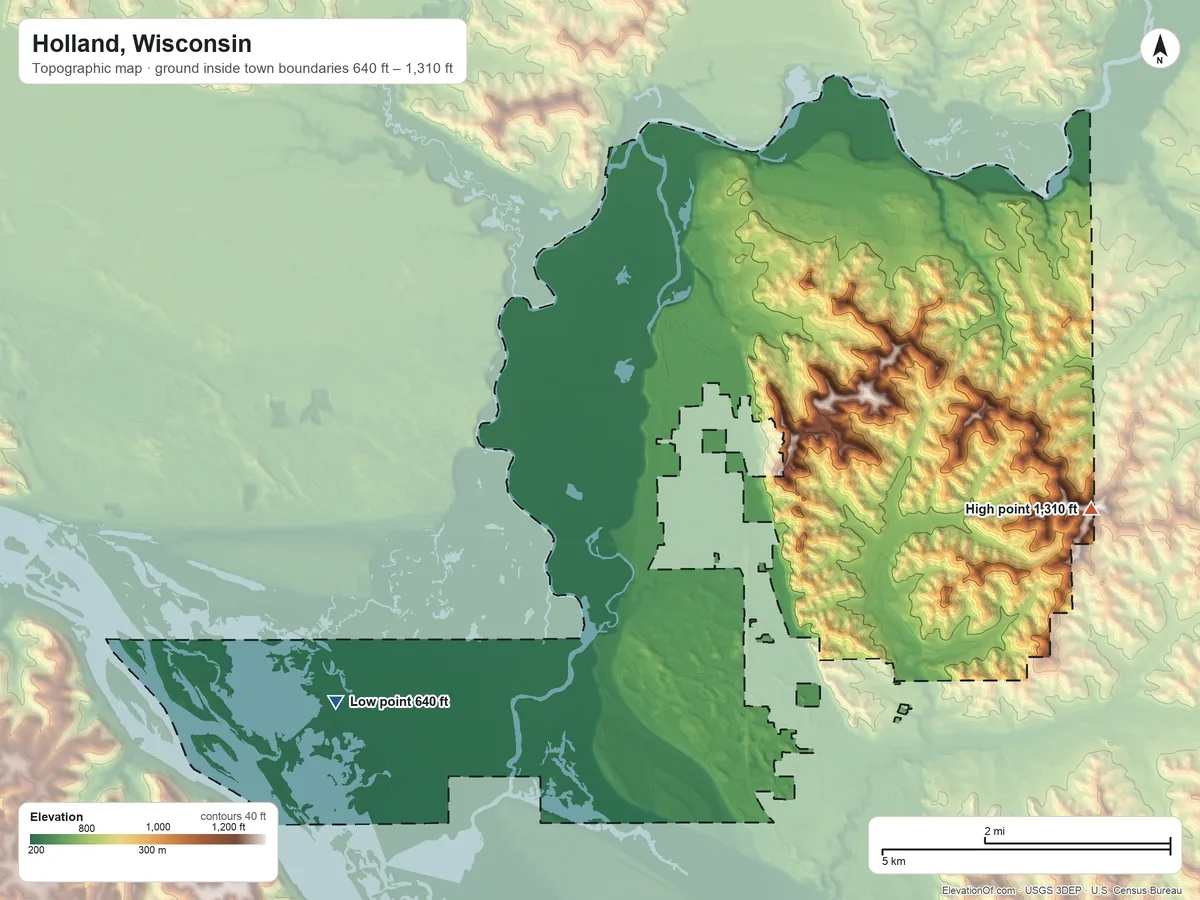 Topographic elevation map of Holland, Wisconsin, shaded from 640 ft on the southwest side to 1,310 ft on the east side