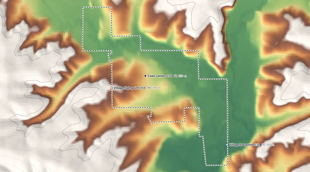 Topographic elevation map of Hollandale, Wisconsin, shaded from 830 ft on the southeast side to 960 ft on the west side