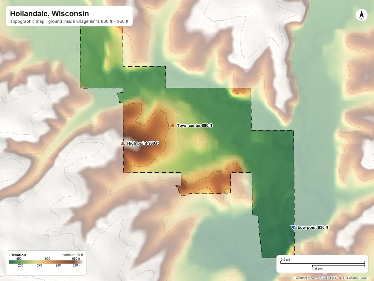 Topographic elevation map of Hollandale, Wisconsin, shaded from 830 ft on the southeast side to 960 ft on the west side