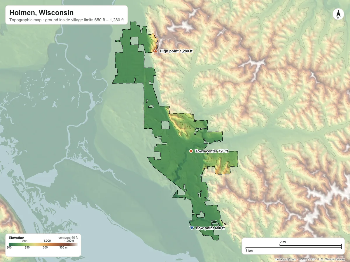 Topographic elevation map of Holmen, Wisconsin, shaded from 650 ft on the south side to 1,280 ft on the north side