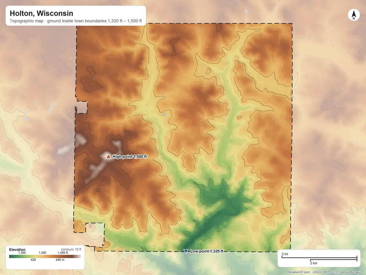 Topographic elevation map of Holton, Wisconsin, shaded from 1,320 ft on the south side to 1,500 ft on the west side