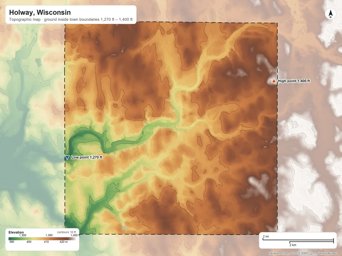 Topographic elevation map of Holway, Wisconsin, shaded from 1,270 ft on the west side to 1,400 ft on the east side