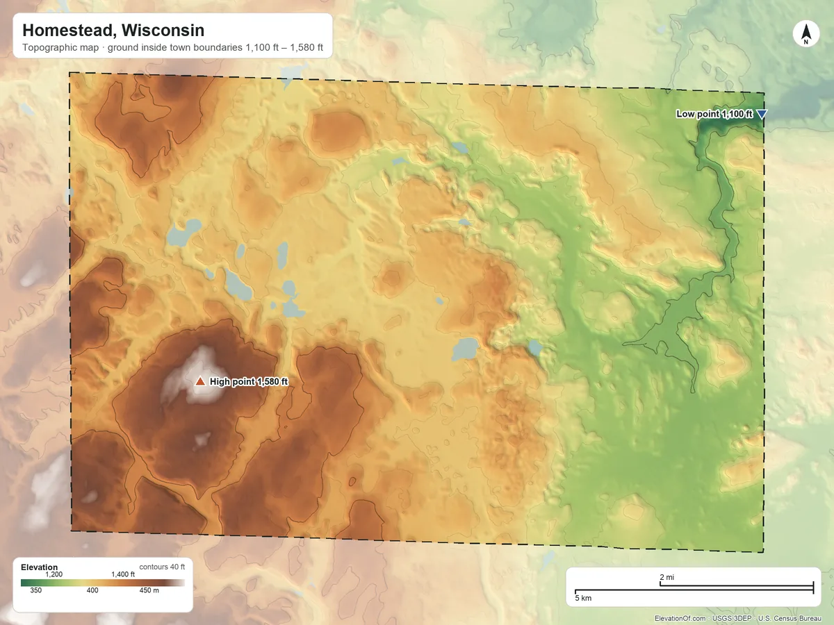 Topographic elevation map of Homestead, Wisconsin, shaded from 1,100 ft on the northeast side to 1,580 ft on the southwest side