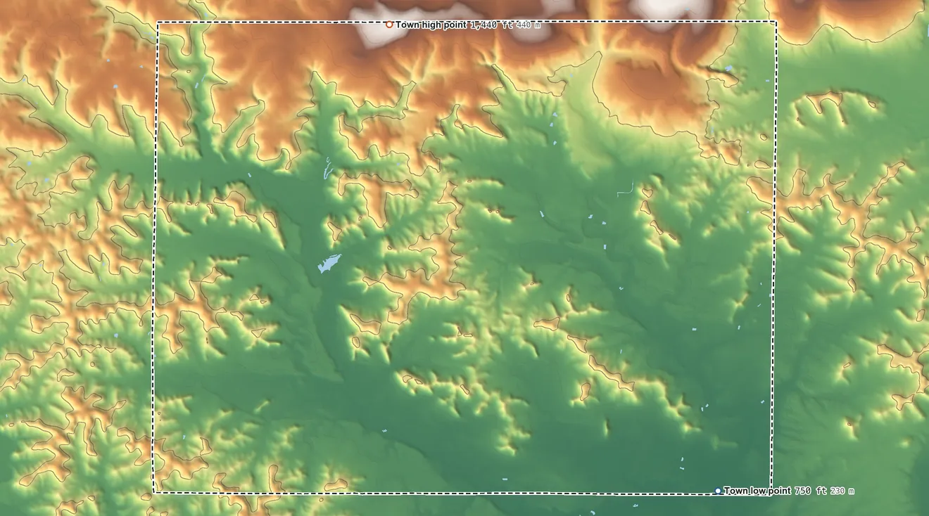 Topographic elevation map of Honey Creek, Wisconsin, shaded from 750 ft on the southeast side to 1,440 ft on the northwest side