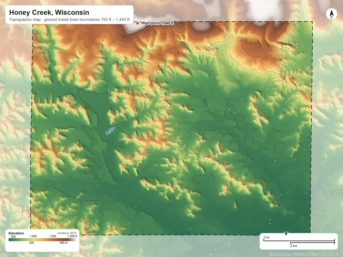 Topographic elevation map of Honey Creek, Wisconsin, shaded from 750 ft on the southeast side to 1,440 ft on the northwest side