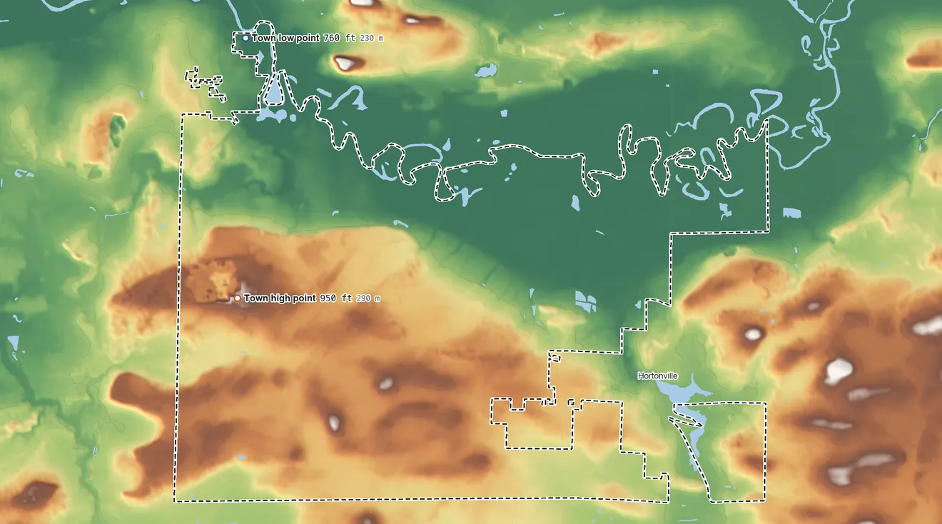 Topographic elevation map of Hortonia, Wisconsin, shaded from 760 ft on the northwest side to 950 ft on the west side