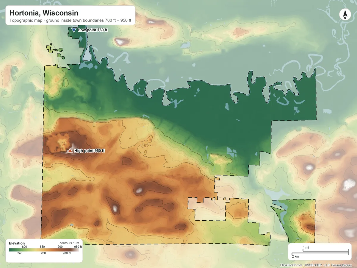 Topographic elevation map of Hortonia, Wisconsin, shaded from 760 ft on the northwest side to 950 ft on the west side