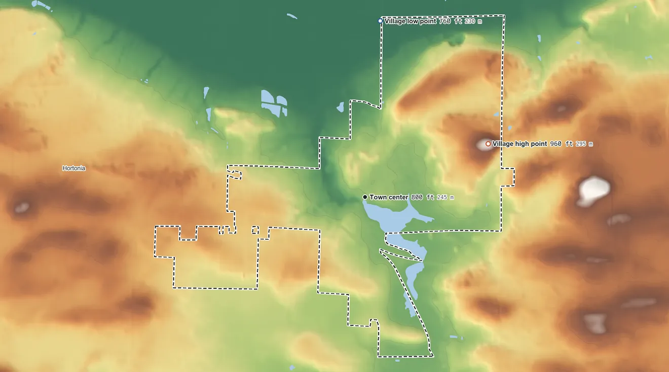 Topographic elevation map of Hortonville, Wisconsin, shaded from 760 ft on the north side to 960 ft on the northeast side