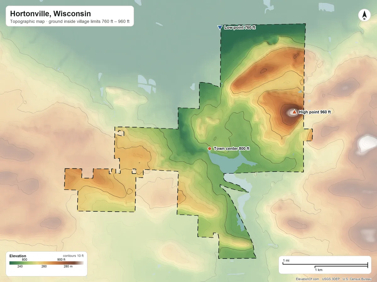 Topographic elevation map of Hortonville, Wisconsin, shaded from 760 ft on the north side to 960 ft on the northeast side