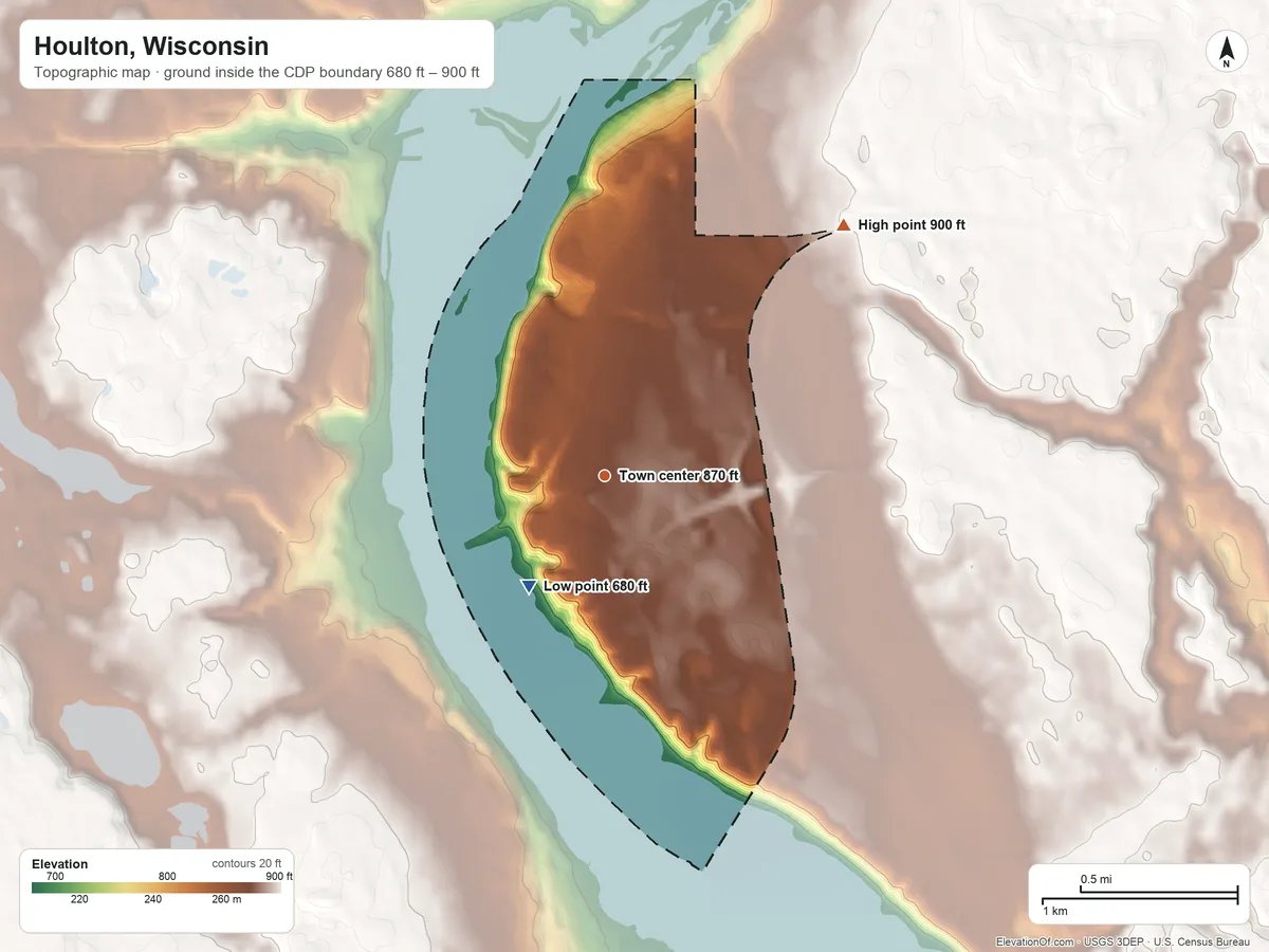 Topographic elevation map of Houlton, Wisconsin, shaded from 680 ft on the southwest side to 900 ft on the northeast side