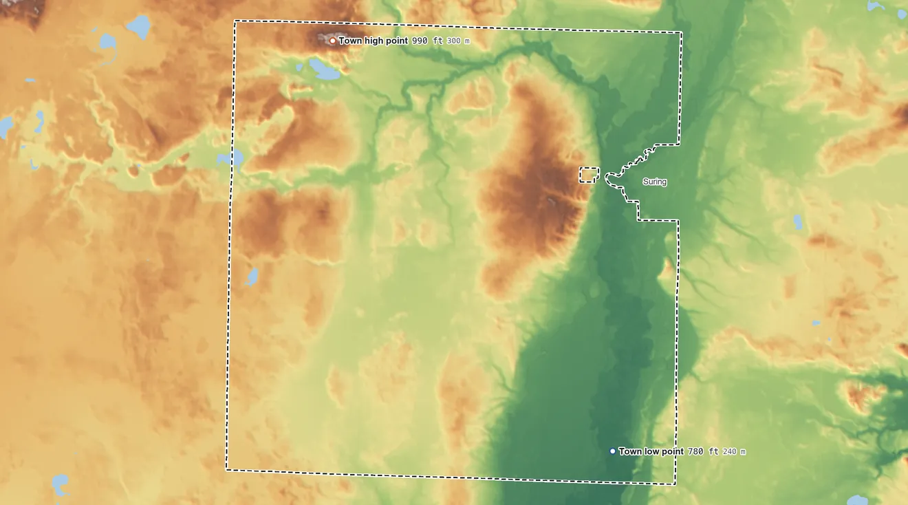 Topographic elevation map of How, Wisconsin, shaded from 780 ft on the southeast side to 990 ft on the northwest side