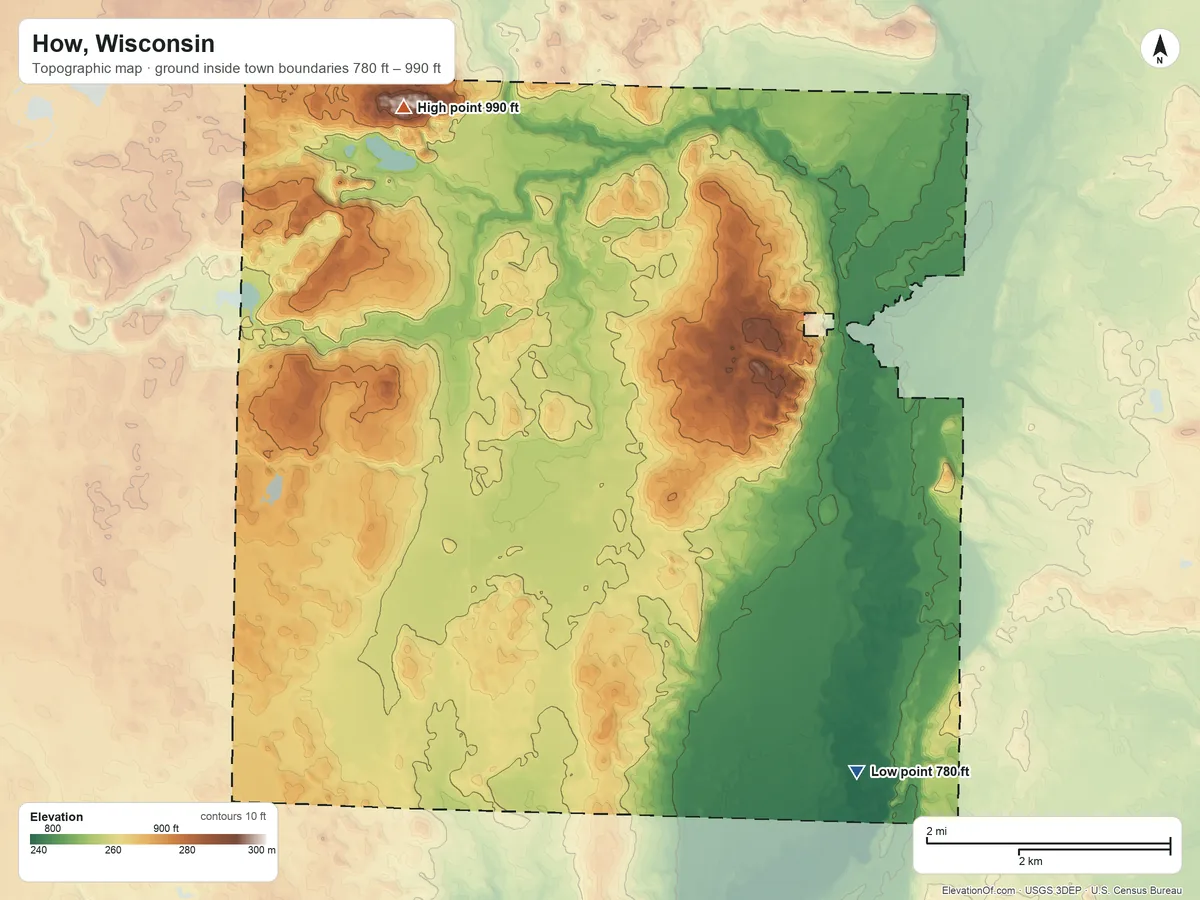 Topographic elevation map of How, Wisconsin, shaded from 780 ft on the southeast side to 990 ft on the northwest side
