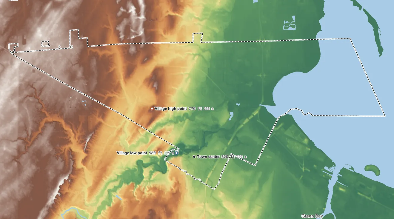 Topographic elevation map of Howard, Wisconsin, shaded from 580 ft near the middle to 770 ft on Burdon Hill