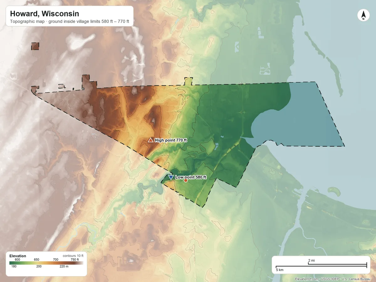 Topographic elevation map of Howard, Wisconsin, shaded from 580 ft near the middle to 770 ft on Burdon Hill