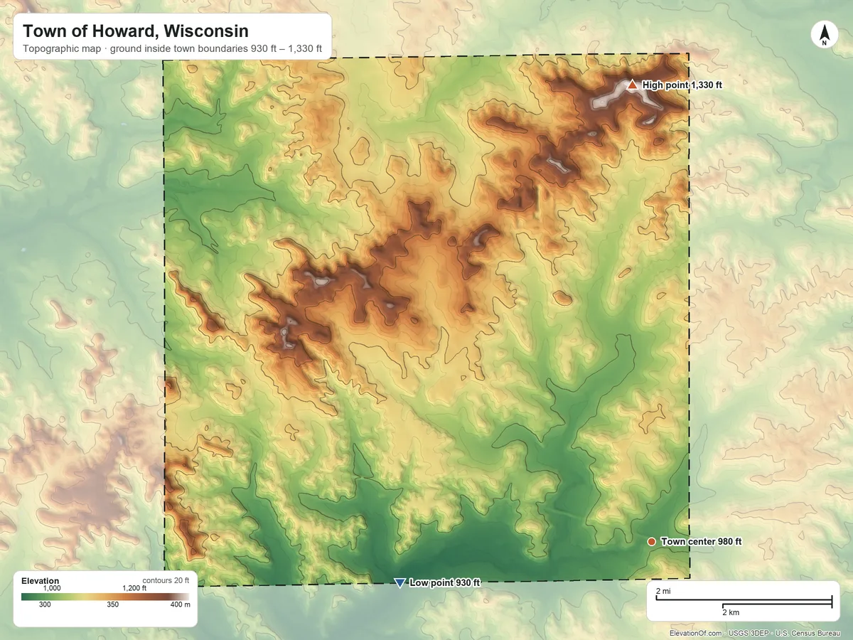 Topographic elevation map of Town of Howard, Wisconsin, shaded from 930 ft on the west side to 1,330 ft on the north side