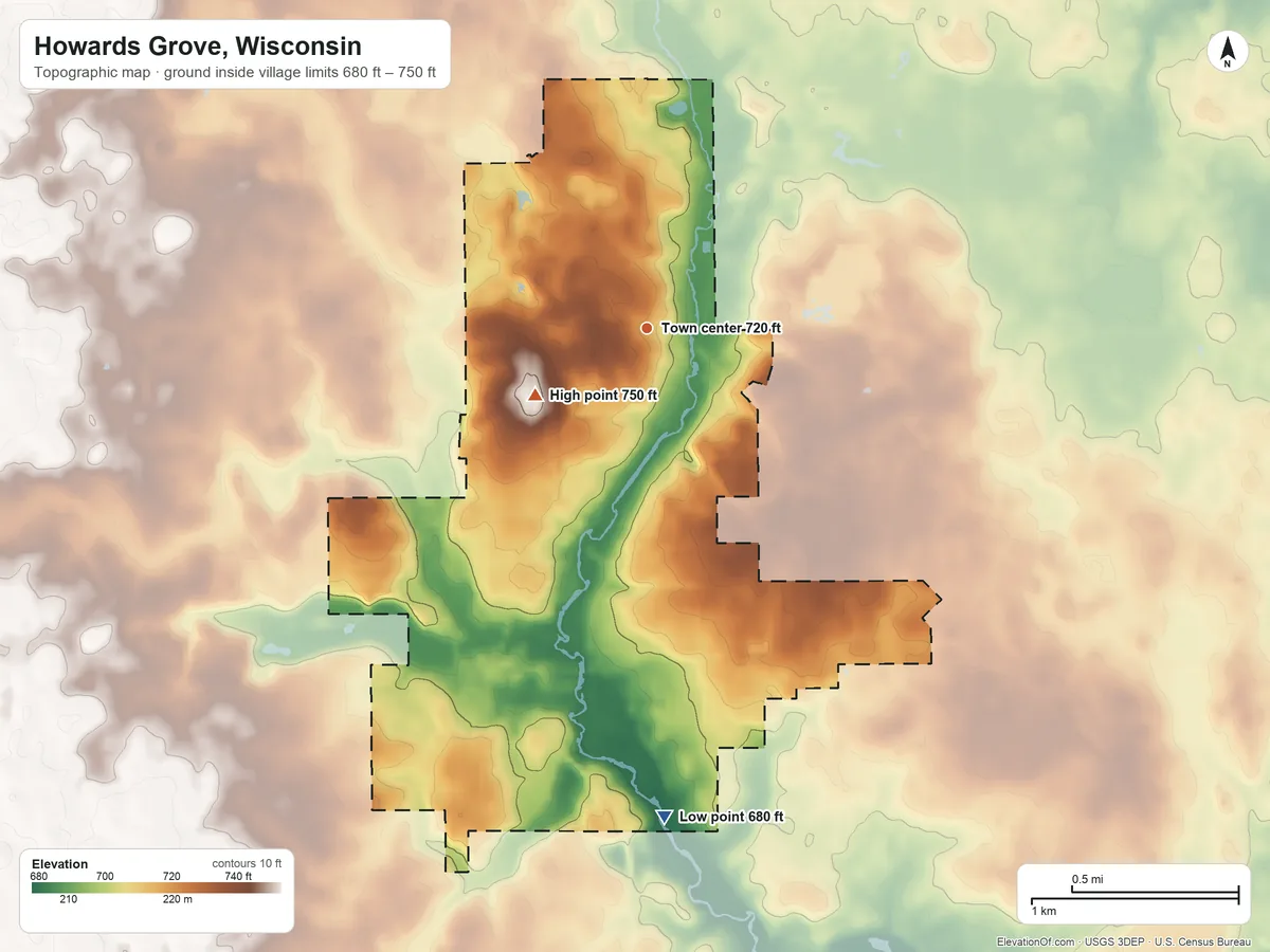 Topographic elevation map of Howards Grove, Wisconsin, shaded from 680 ft on the south side to 750 ft on the southwest side