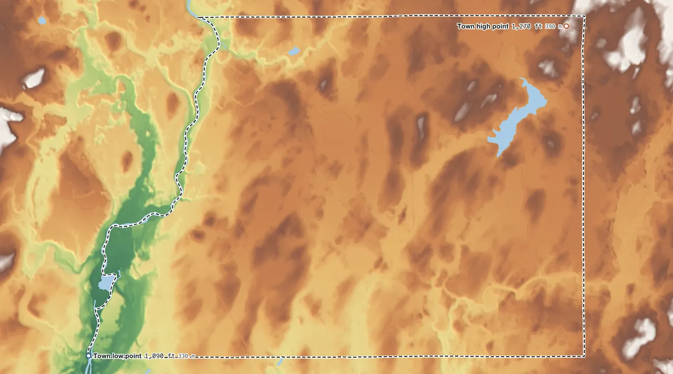 Topographic elevation map of Hubbard, Rusk County, Wisconsin, shaded from 1,090 ft on the southwest side to 1,270 ft on the northeast side