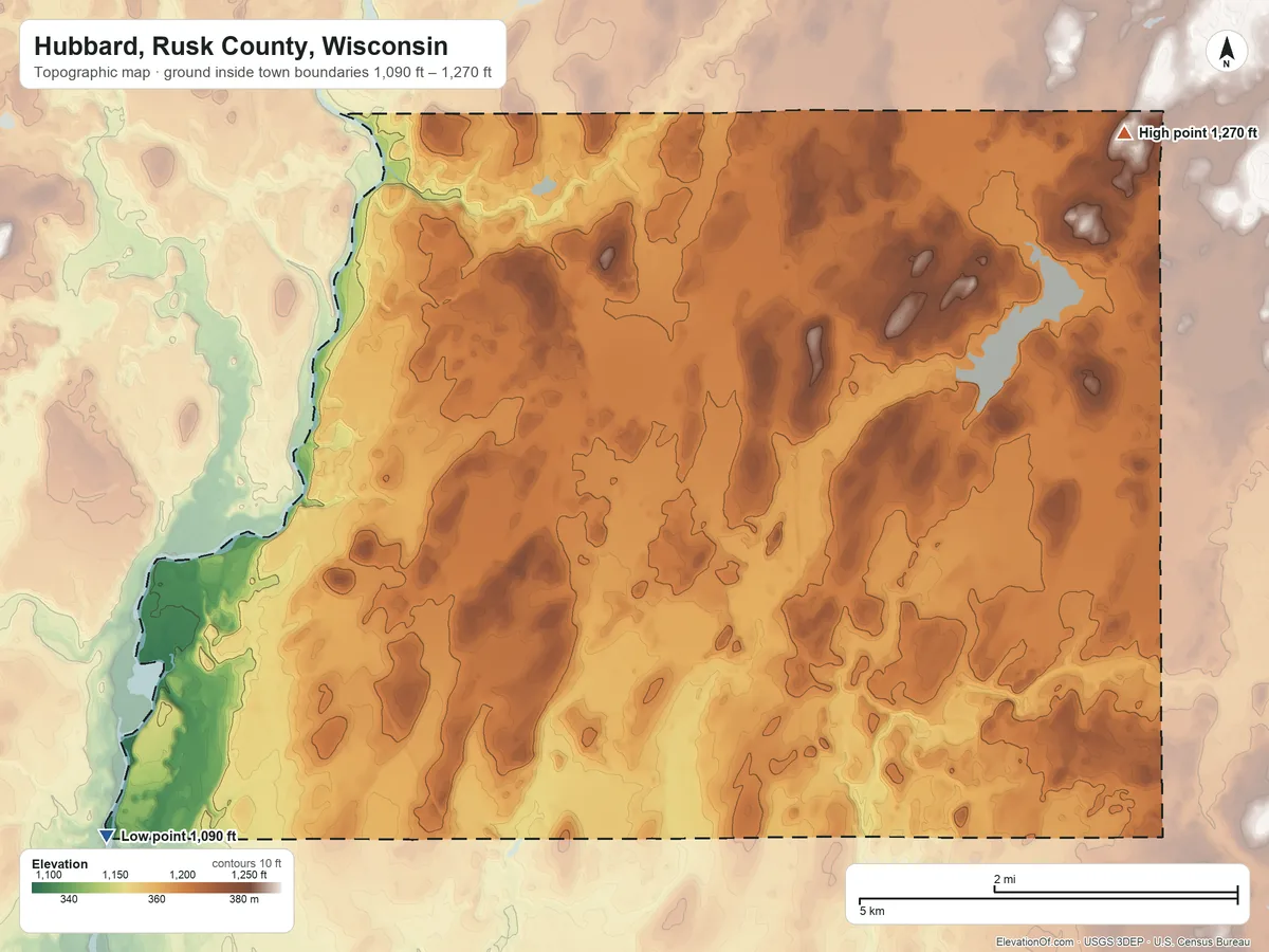 Topographic elevation map of Hubbard, Rusk County, Wisconsin, shaded from 1,090 ft on the southwest side to 1,270 ft on the northeast side