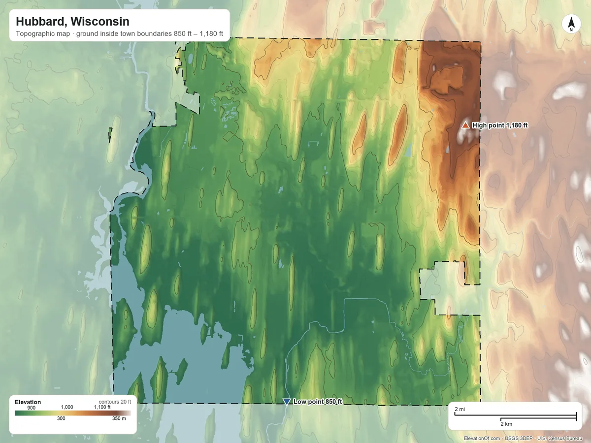 Topographic elevation map of Hubbard, Wisconsin, shaded from 850 ft on the south side to 1,180 ft on the northeast side