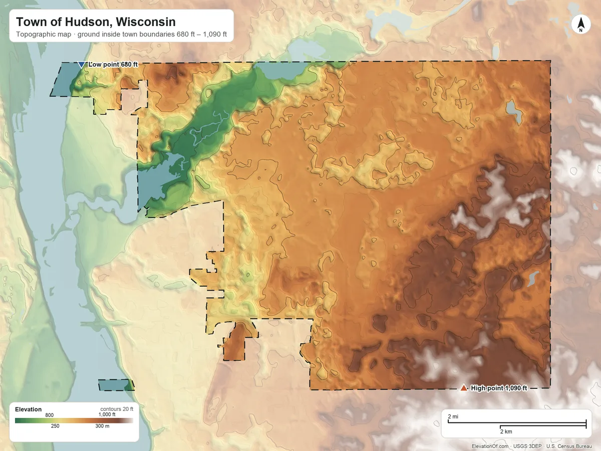Topographic elevation map of Town of Hudson, Wisconsin, shaded from 680 ft on the northwest side to 1,090 ft on the southeast side