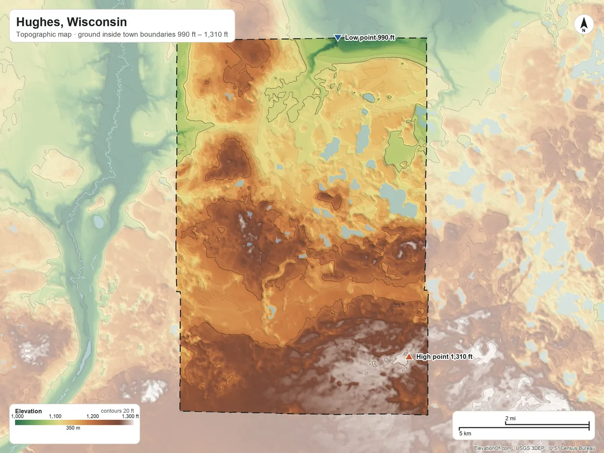 Topographic elevation map of Hughes, Wisconsin, shaded from 990 ft on the north side to 1,310 ft on the south side
