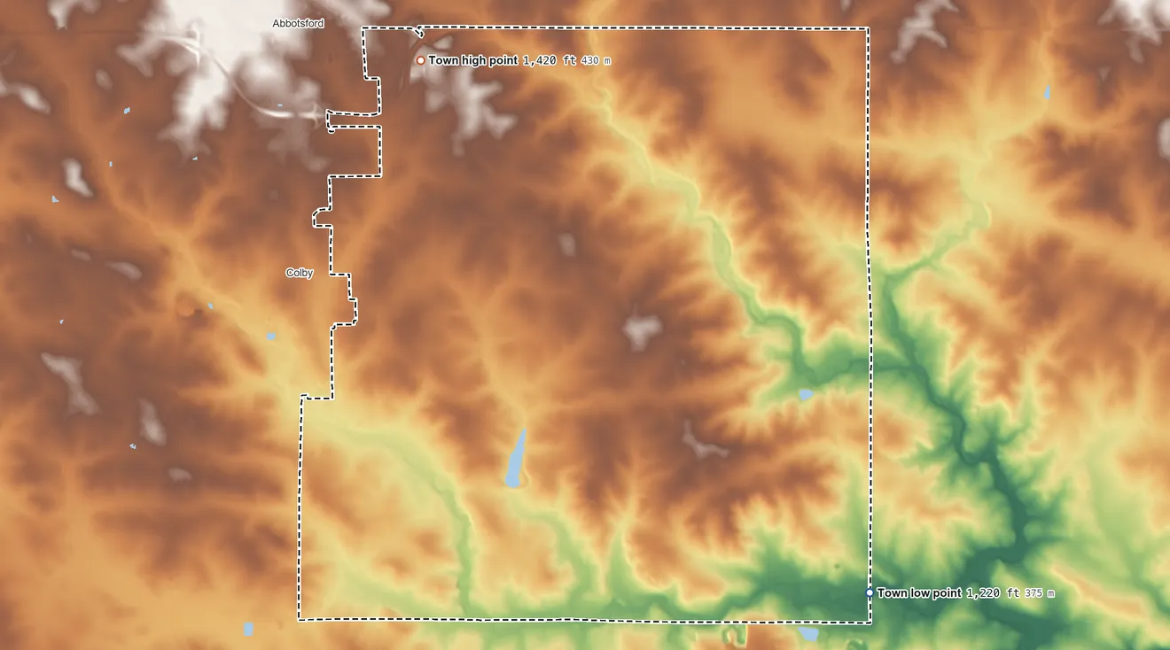 Topographic elevation map of Hull, Marathon County, Wisconsin, shaded from 1,220 ft on the southeast side to 1,420 ft on the north side
