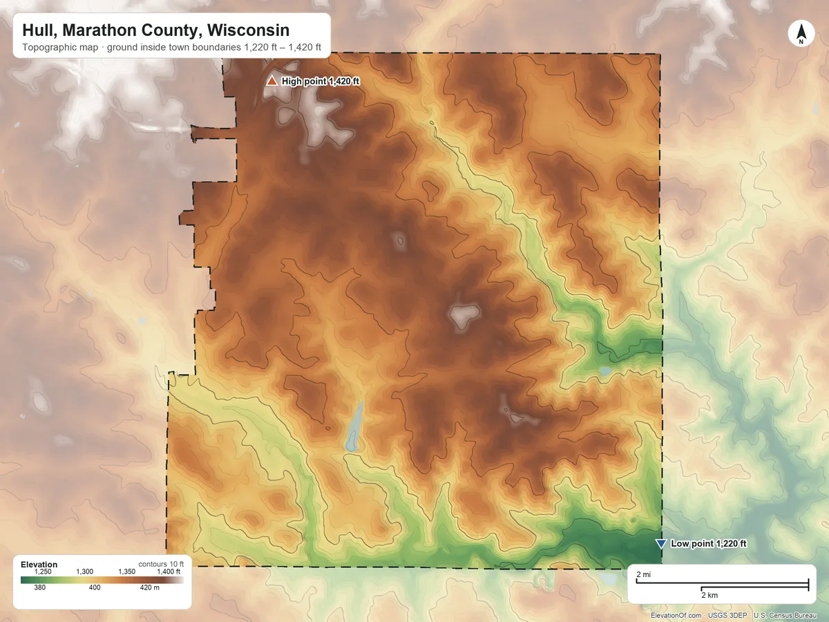 Topographic elevation map of Hull, Marathon County, Wisconsin, shaded from 1,220 ft on the southeast side to 1,420 ft on the north side
