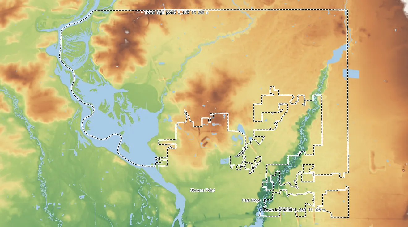 Topographic elevation map of Hull, Wisconsin, shaded from 1,060 ft on the south side to 1,180 ft on the northwest side