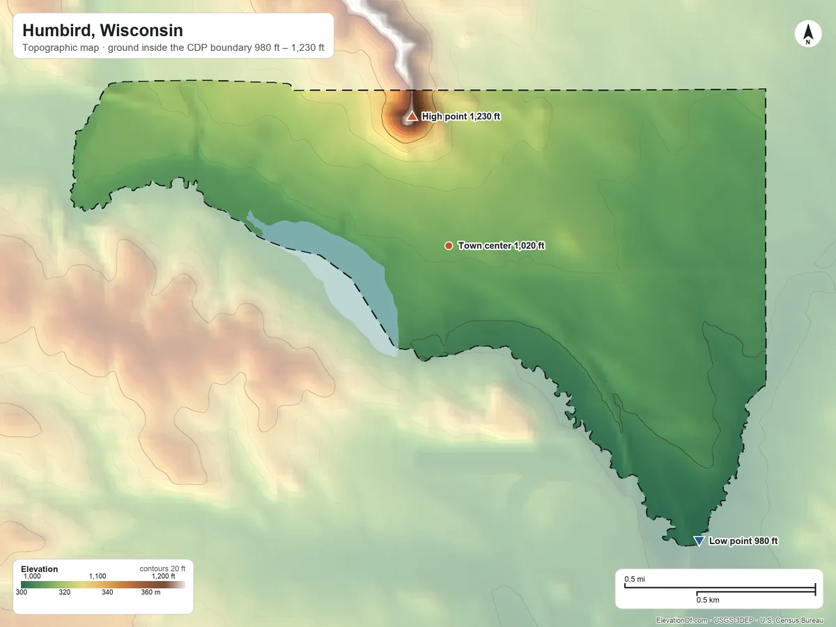 Topographic elevation map of Humbird, Wisconsin, shaded from 980 ft on the southeast side to 1,230 ft on the north side