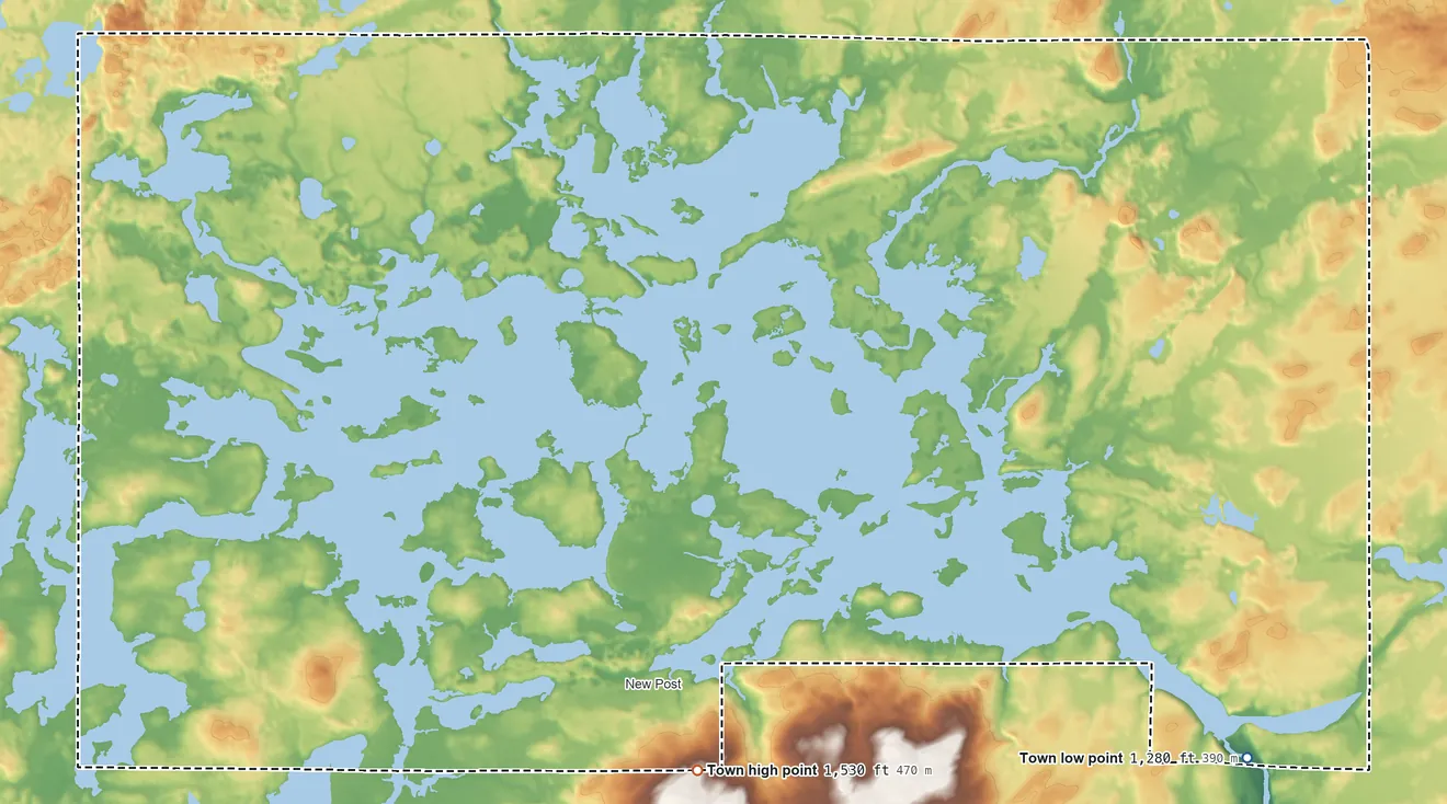 Topographic elevation map of Hunter, Wisconsin, shaded from 1,280 ft on the southeast side to 1,530 ft on the south side