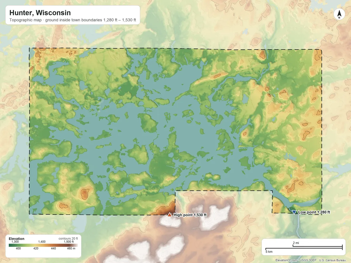 Topographic elevation map of Hunter, Wisconsin, shaded from 1,280 ft on the southeast side to 1,530 ft on the south side