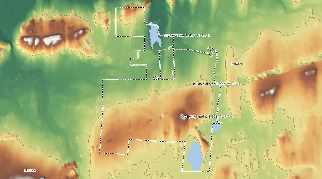 Topographic elevation map of Hurley, Wisconsin, shaded from 1,410 ft on the northwest side to 1,670 ft on the south side