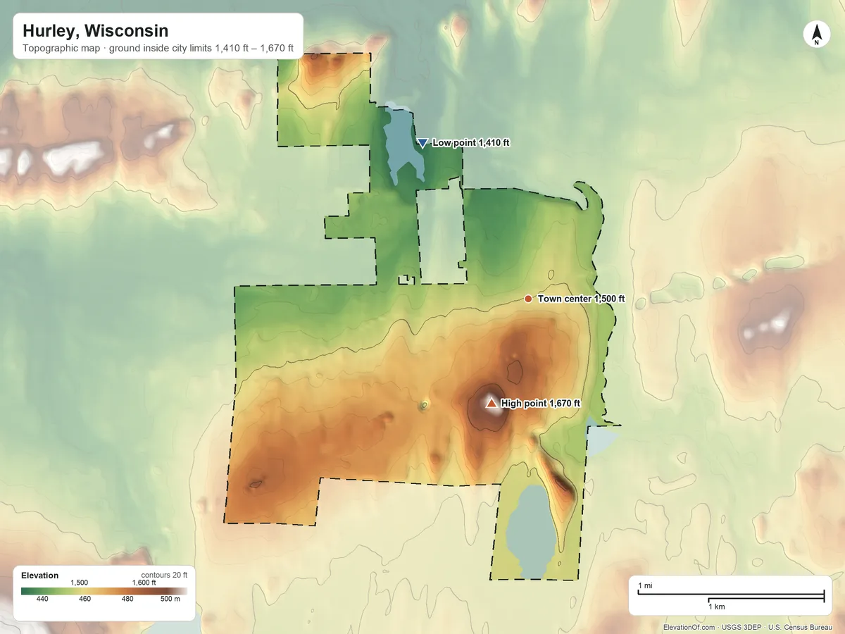Topographic elevation map of Hurley, Wisconsin, shaded from 1,410 ft on the northwest side to 1,670 ft on the south side