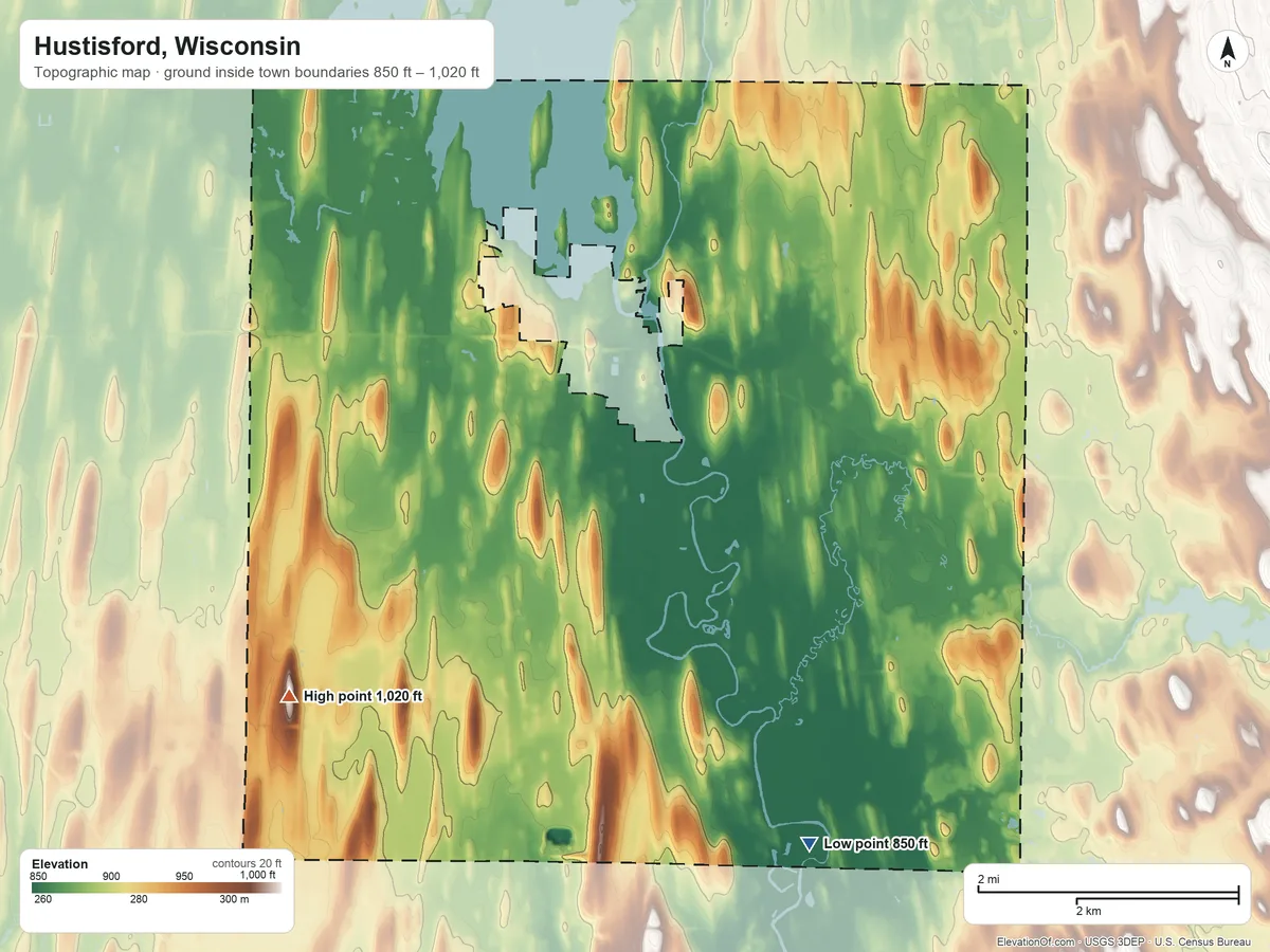 Topographic elevation map of Hustisford, Wisconsin, shaded from 850 ft on the south side to 1,020 ft on the southwest side