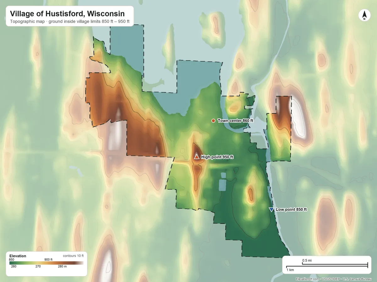 Topographic elevation map of Village of Hustisford, Wisconsin, shaded from 850 ft on the southeast side to 950 ft on the southwest side
