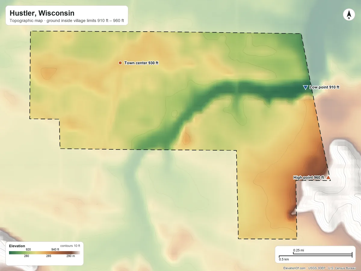 Topographic elevation map of Hustler, Wisconsin, shaded from 910 ft on the east side to 960 ft on the southeast side